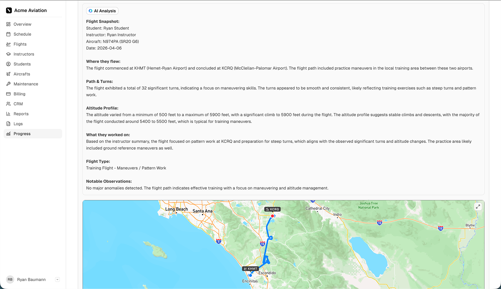 AI-generated progress analysis shown after completing a flight