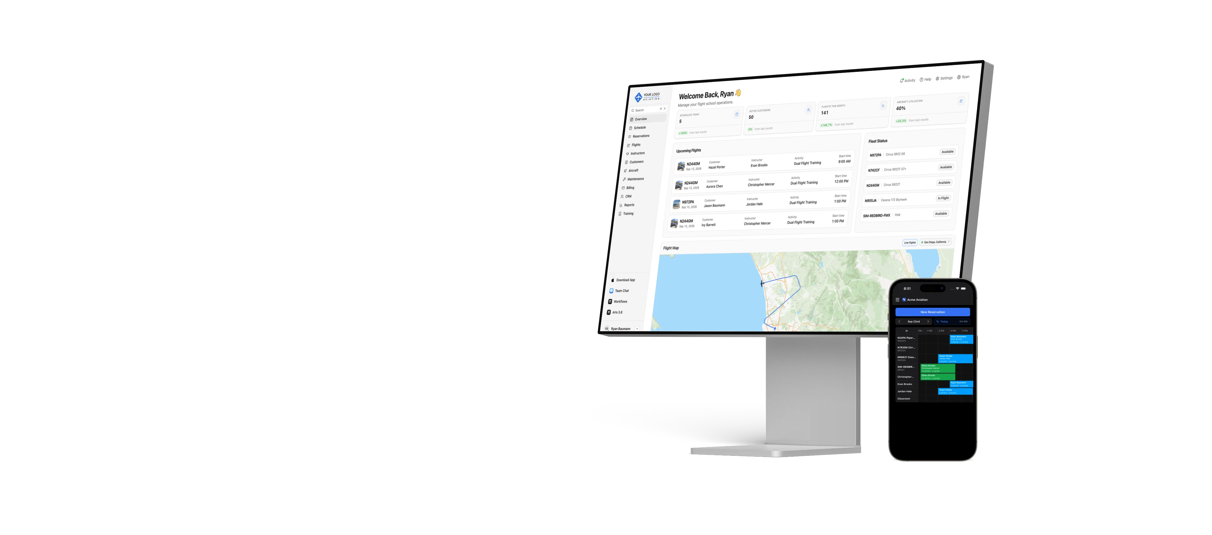 Sky Schedule flight school software on desktop and phone